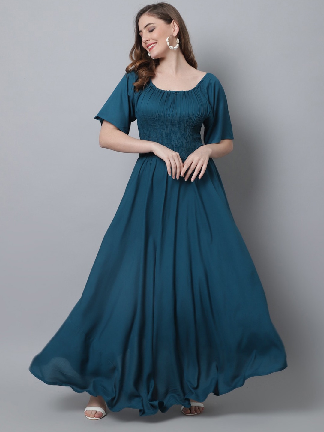 

Aawari Flared Sleeves Maxi Fit & Flare Dress, Teal