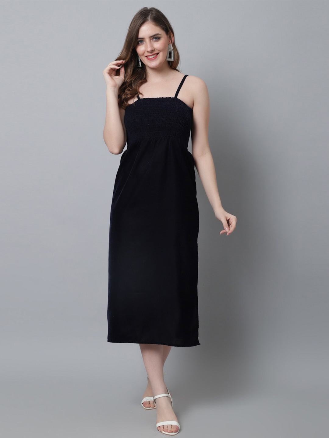 

Aawari Smocked Detailed Velvet Empire Midi Dress, Navy blue