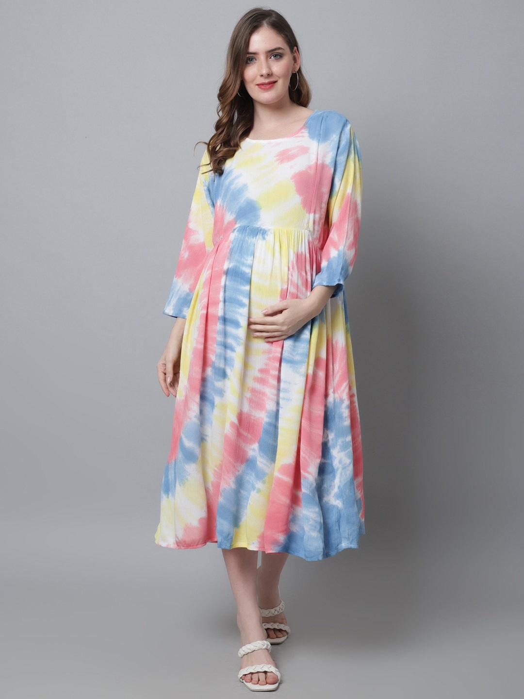 

Aawari Tie and Dye Dyed Maternity A-Line Midi Dress, White