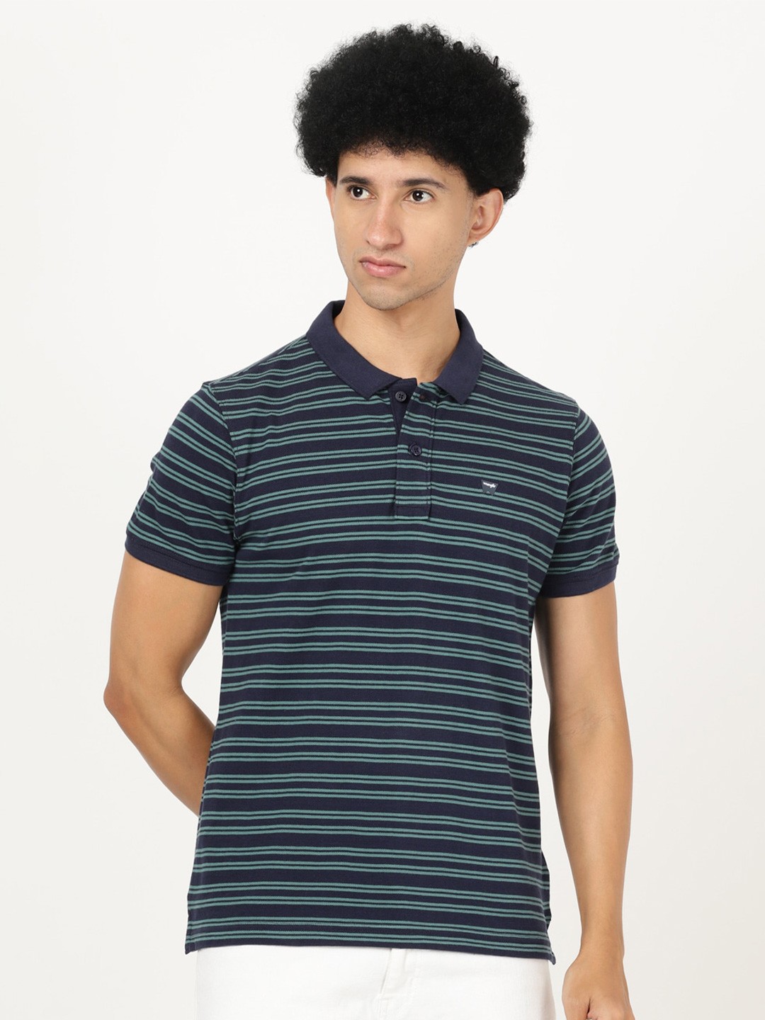 

Wrangler Men Striped Polo Collar Cotton T-shirt, Navy blue