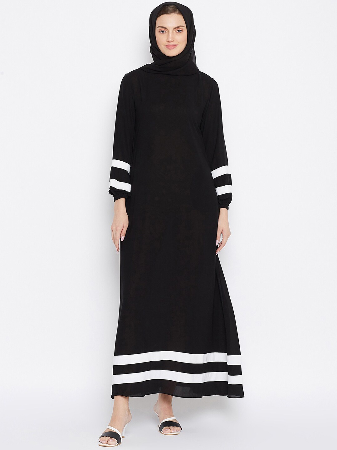 

NABIA Round Neck Striped Border Abaya Burqa, Black