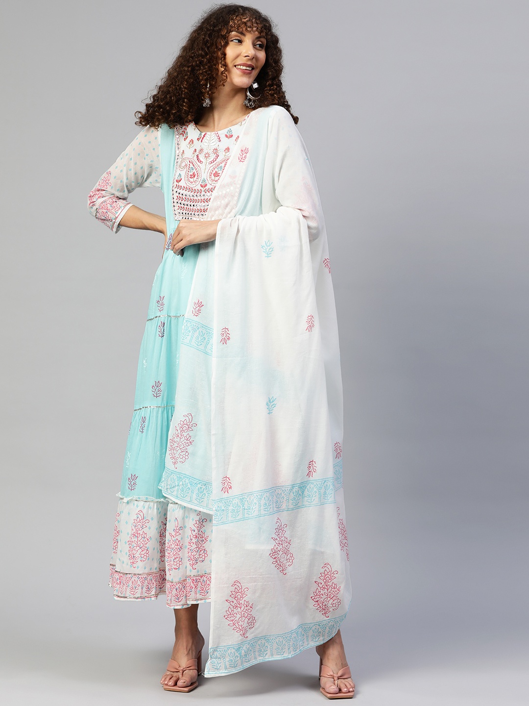 

Readiprint Fashions Cotton Embroidered Floral Maxi Ethnic Dress With Dupatta, Blue