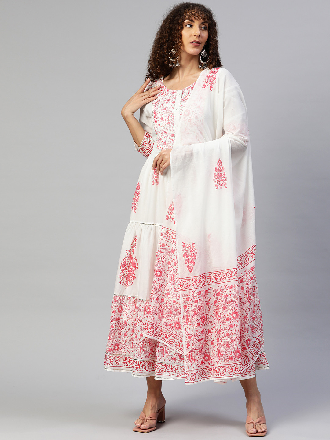 

Readiprint Fashions Cotton Sequinned Floral Ethnic Maxi Dress With Dupatta, White
