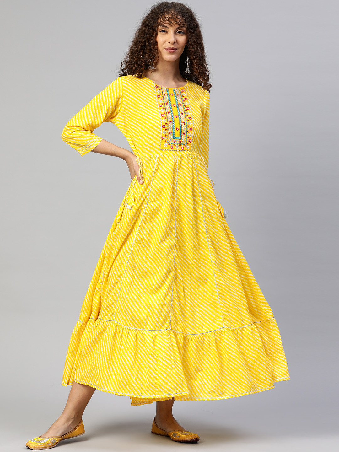 

Readiprint Fashions Cotton Leheriya Embroidered Maxi Ethnic Dress, Yellow