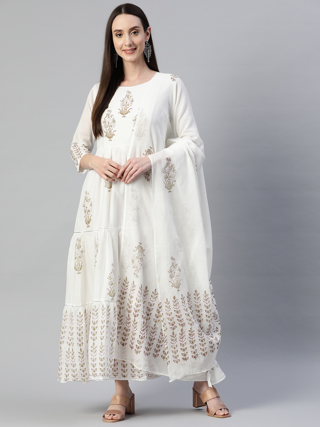 

Readiprint Fashions Embellished Floral Maxi Ethnic Dress with Dupatta, White