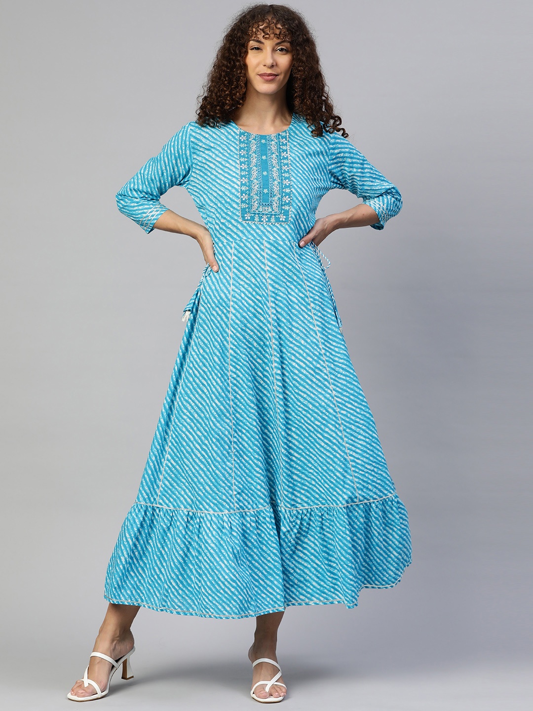 

Readiprint Fashions Cotton Leheriya Embroidered Maxi Ethnic Dress, Blue