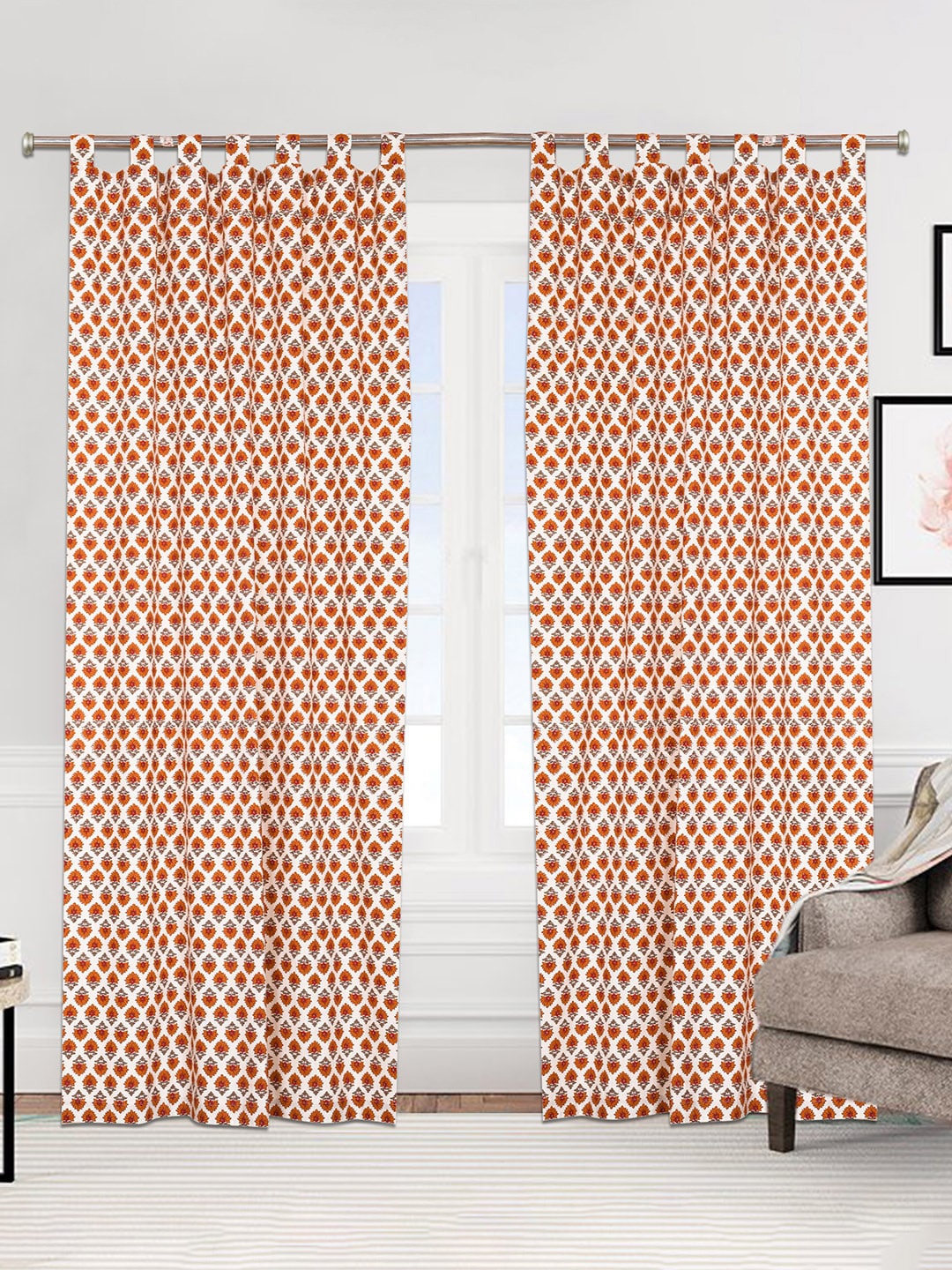 

Urban Magic White & Orange Set of 2 Floral Cotton Room Darkening Long Door Curtain