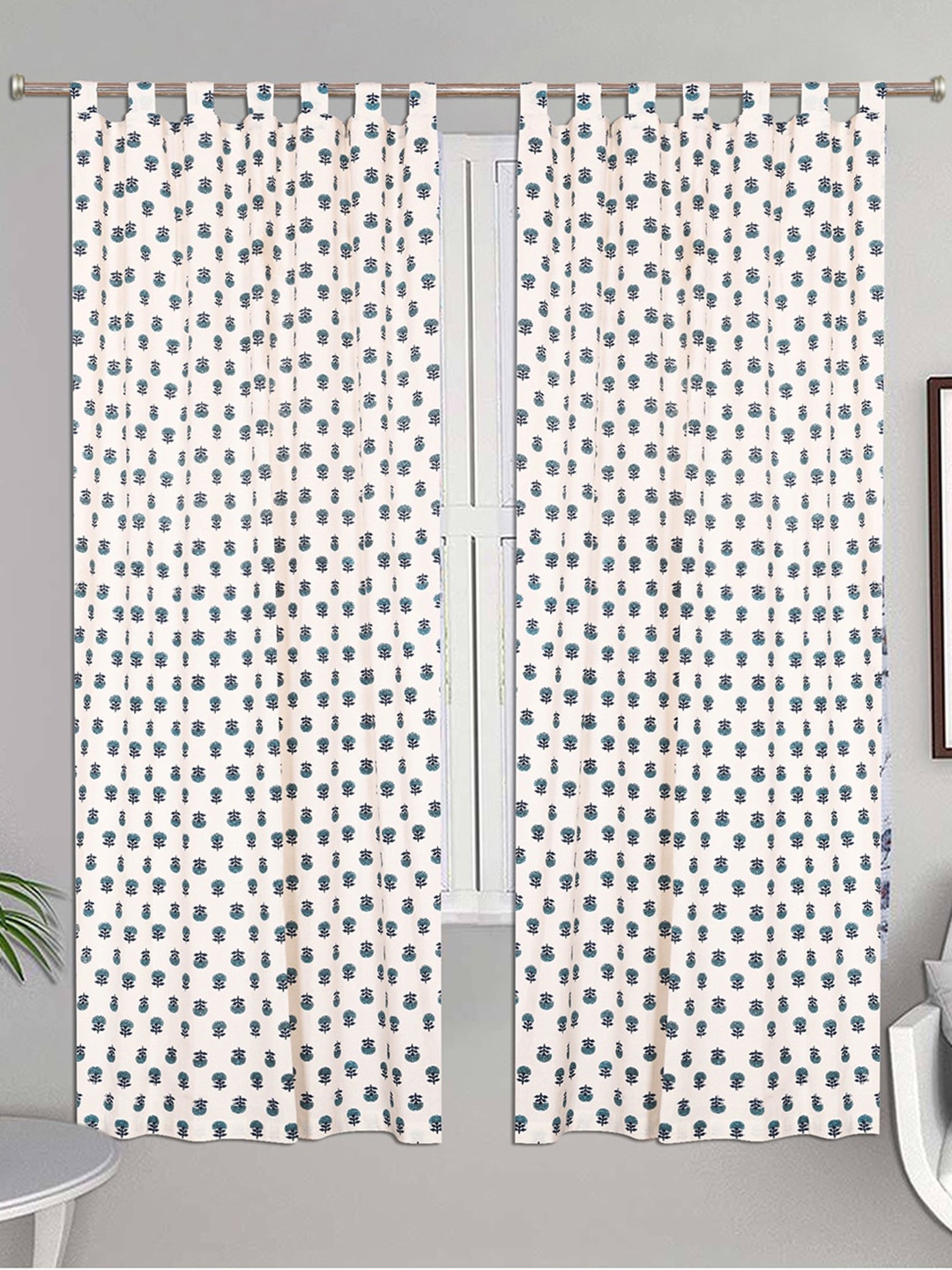 

Urban Magic White & Blue Set of 4 Floral Cotton Room Darkening Door Curtain