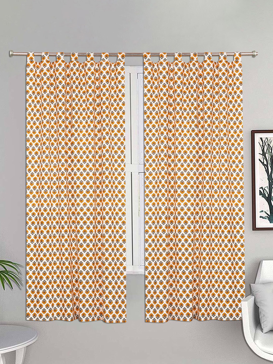 

Urban Magic White & Yellow Set of 2 Floral Cotton Room Darkening Door Curtain