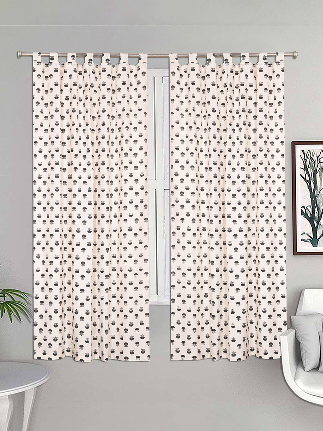 

Urban Magic White & Grey Melange Set of 2 Floral Cotton Room Darkening Door Curtain