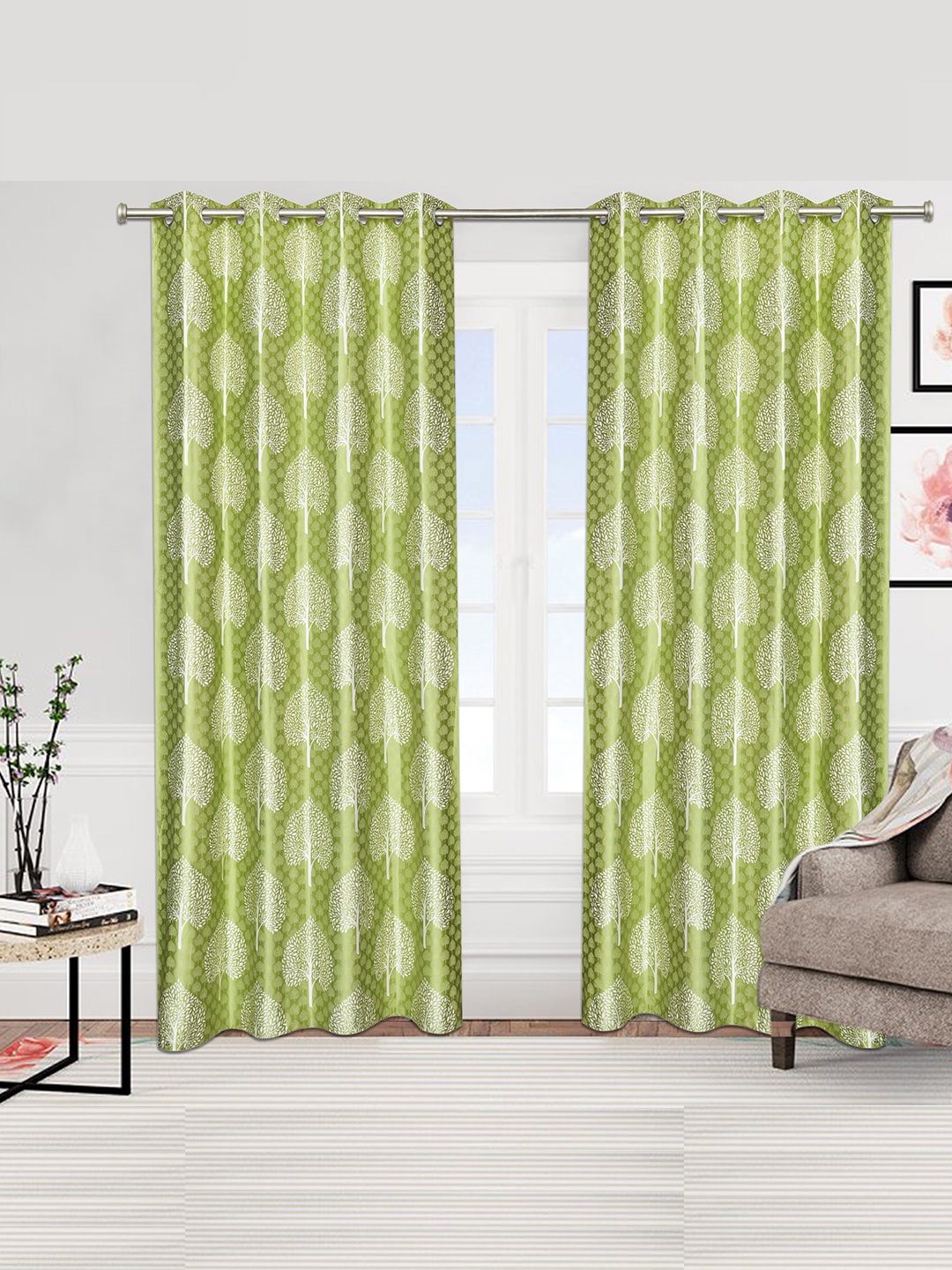 

Urban Magic Green & White Set of 2 Floral Room Darkening Long Door Curtain