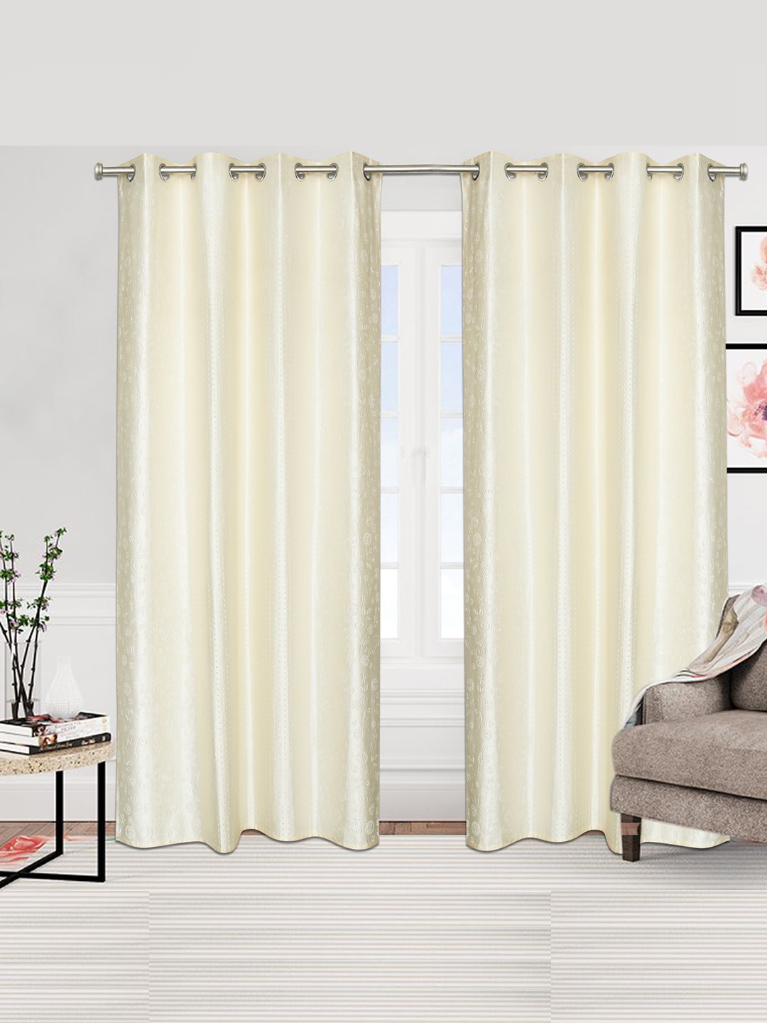 

Urban Magic Cream-Coloured Set of 4 Floral Room Darkening Long Door Curtain