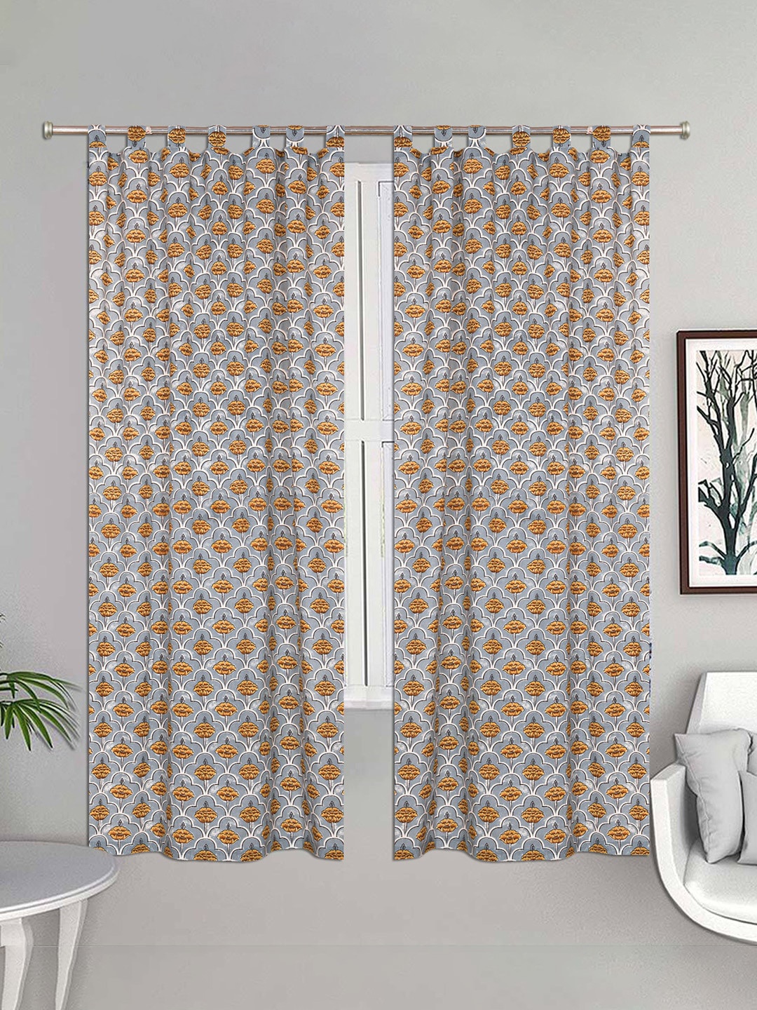 

Urban Magic Grey & Brown Set of 2 Floral Cotton Room Darkening Door Curtain