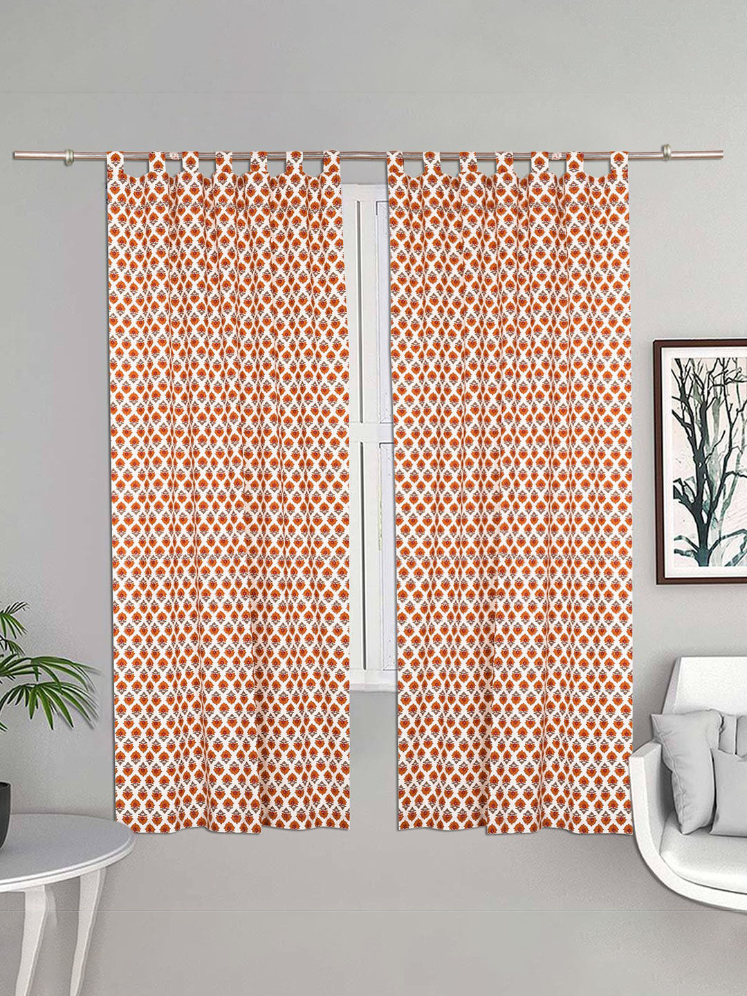 

Urban Magic White & Orange Set of 4 Floral Cotton Room Darkening Door Curtain