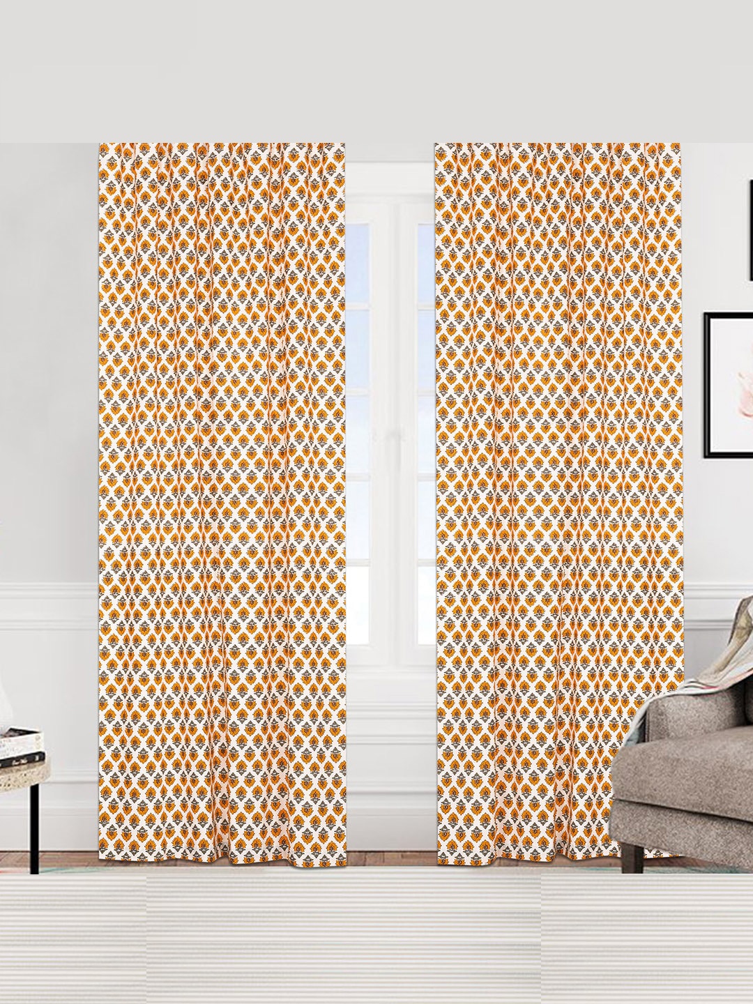

Urban Magic White & Yellow Set of 2 Floral Cotton Room Darkening Long Door Curtain