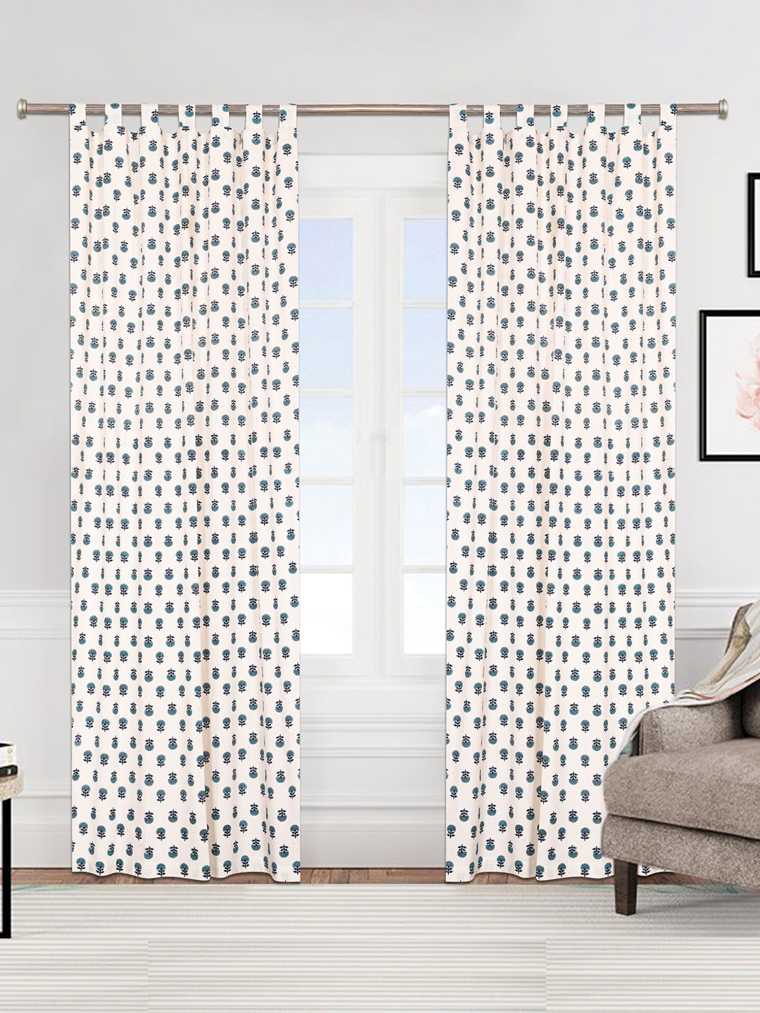 

Urban Magic White & Blue Set of 2 Floral Cotton Room Darkening Long Door Curtain
