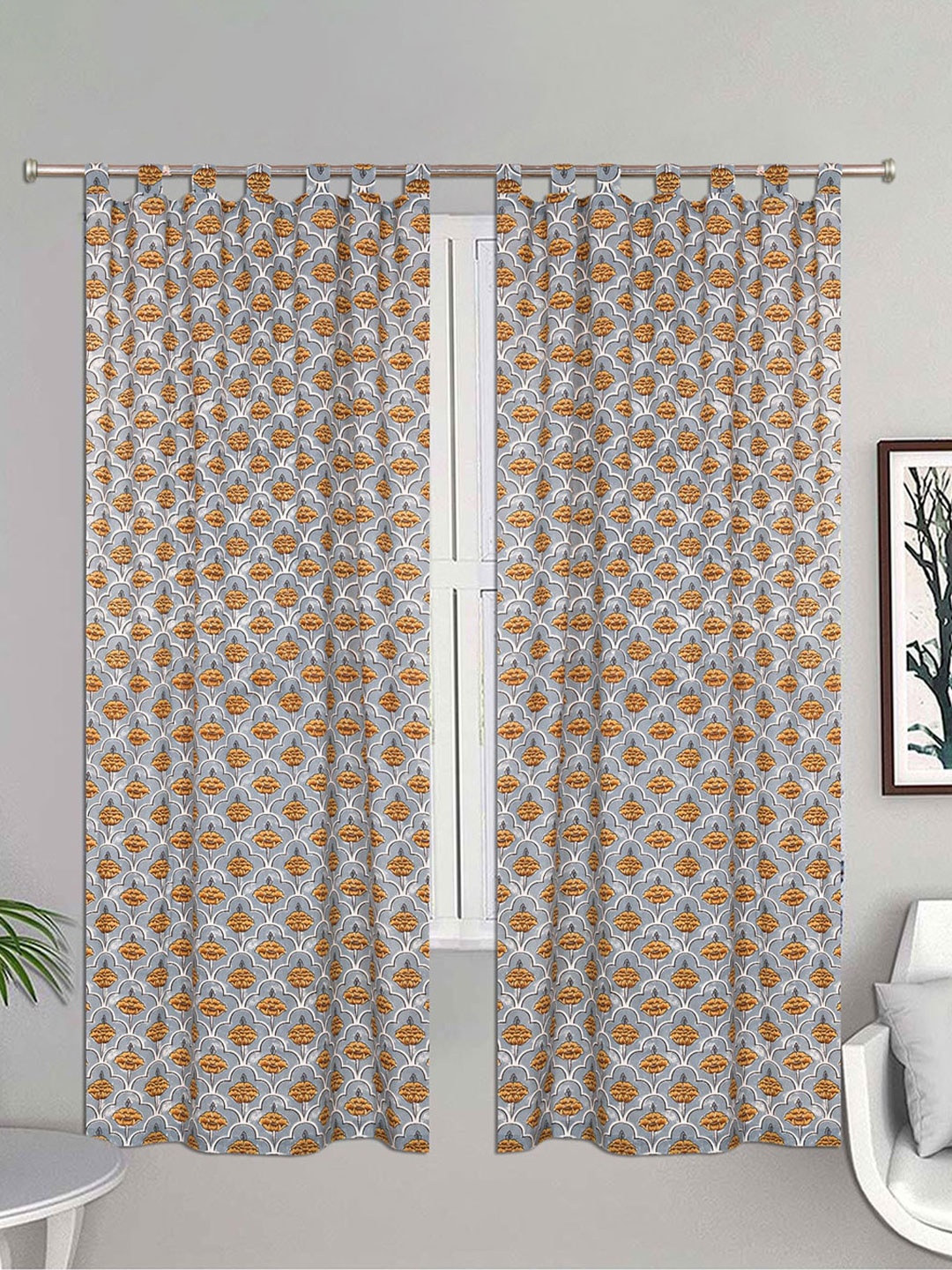 

Urban Magic Grey & Mustard Set of 4 Floral Printed Room Darkening Door Curtains
