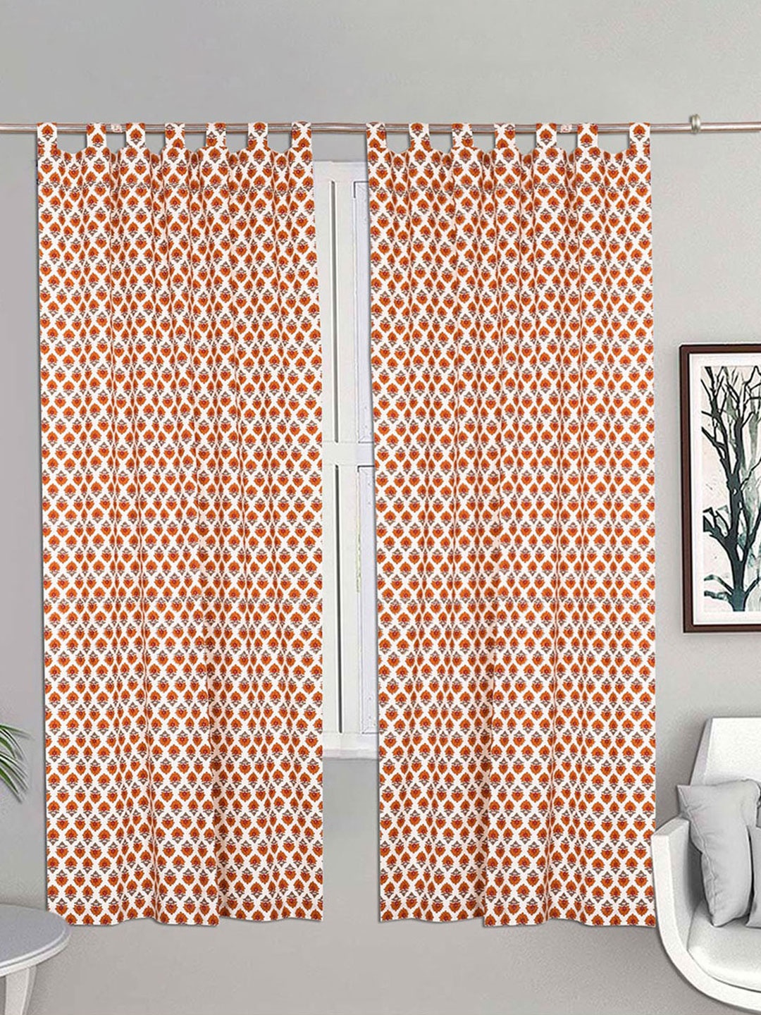 

Urban Magic White & Orange Set of 2 Floral Print Cotton Room Darkening Door Curtain