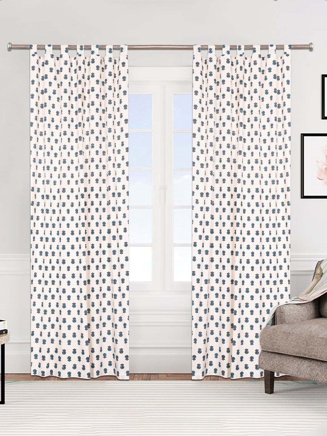 

Urban Magic White & Blue Set of 4 Floral Printed Room Darkening Long Cotton Door Curtains