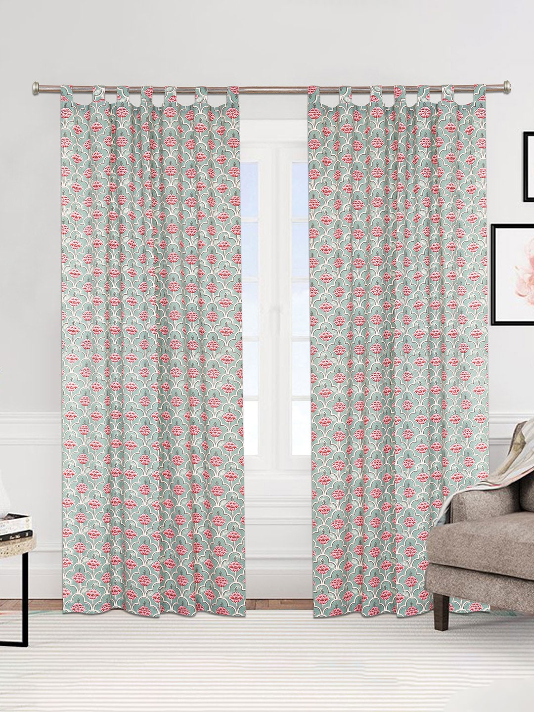 

Urban Magic Green & White Set of 2 Floral Cotton Room Darkening Long Door Curtain