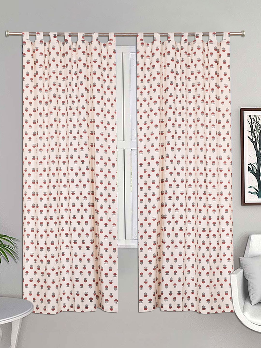 

Urban Magic White & Peach Set of 2 Floral Cotton Room Darkening Door Curtain