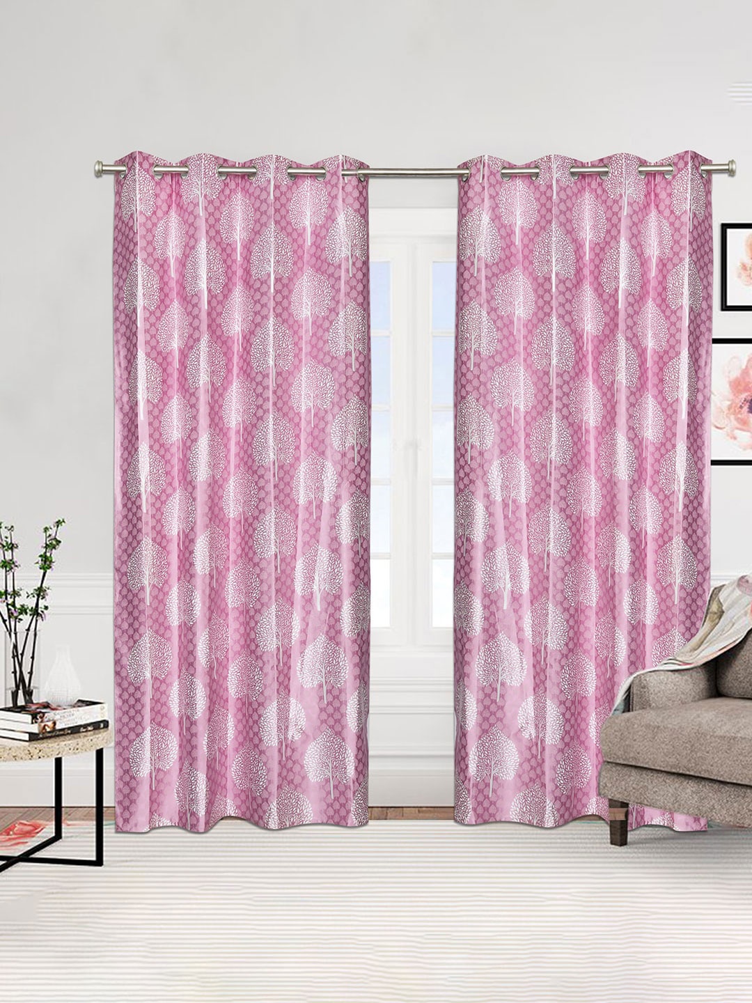 

Urban Magic Pink & White Set of 2 Floral Print Room Darkening Long Door Curtain