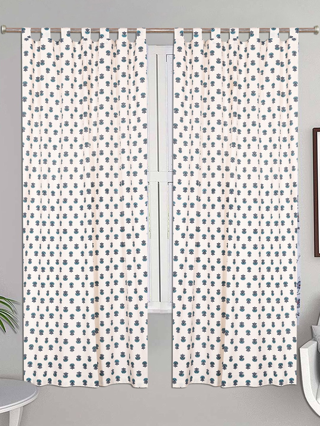 

Urban Magic White & Blue Set of 2 Floral Room Darkening Door Curtain