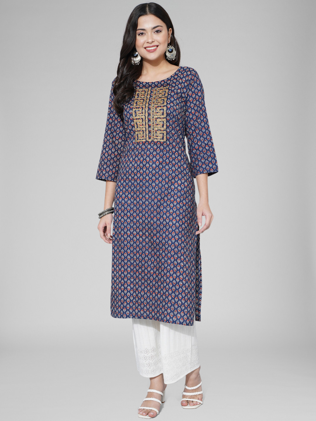 

Purple Feather Ethnic Motifs Printed Cotton Kurta, Blue