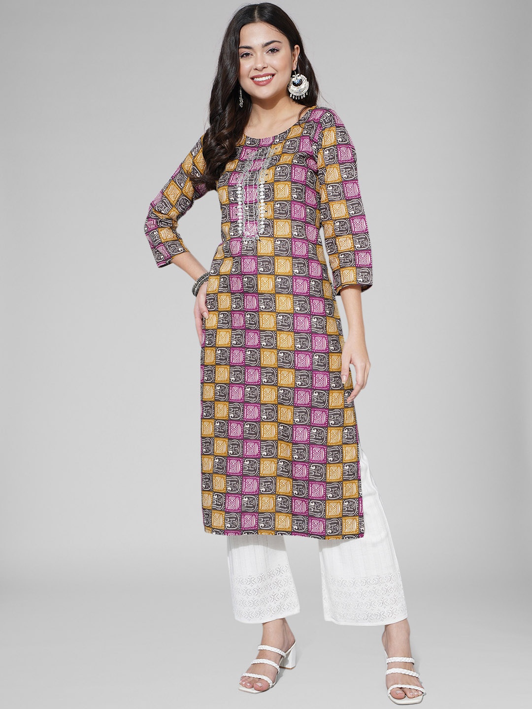 

Purple Feather Women Ethnic Motifs Printed Thread Work Straight Pure Cotton Kurta, Yellow