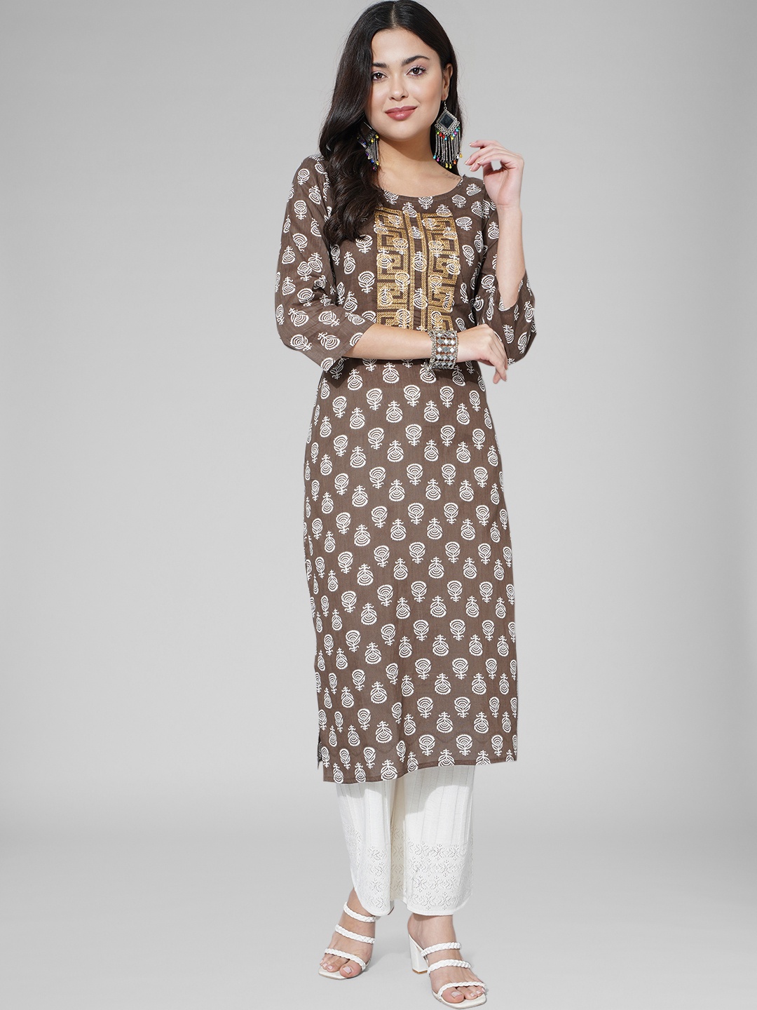 

Purple Feather Floral Printed Cotton Kurta, Olive