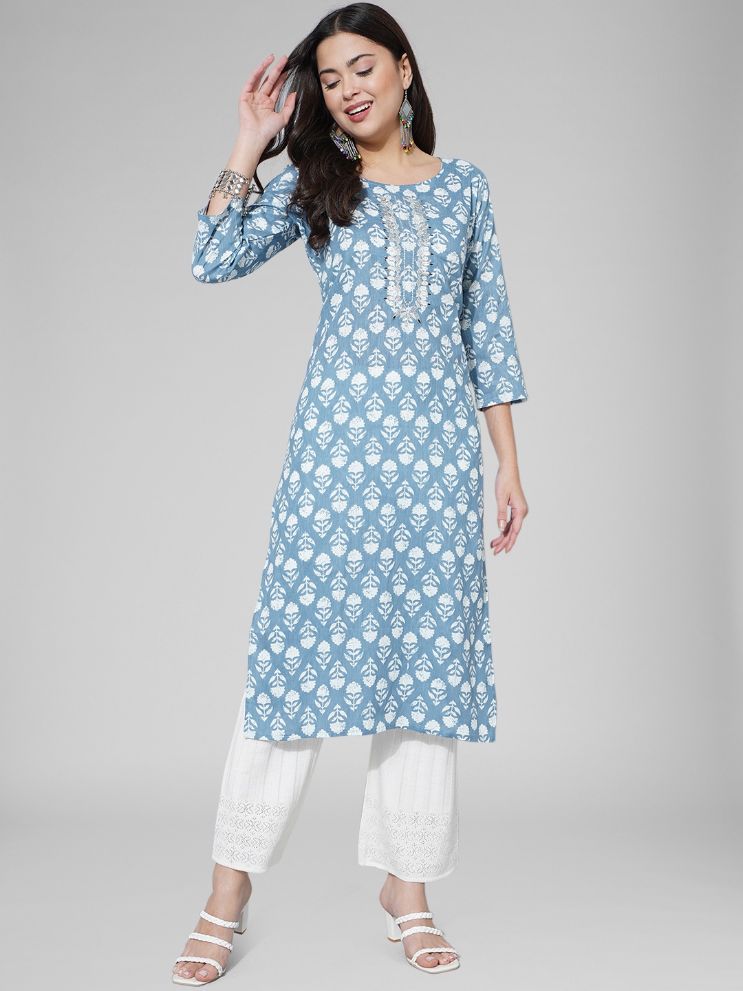 

Purple Feather Floral Printed Pure Cotton Kurta, Grey