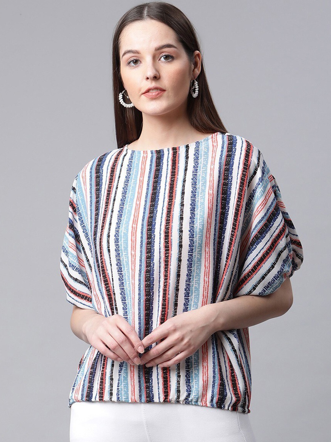 

RIVI Striped Extended Sleeves Georgette Boxy Top, Off white