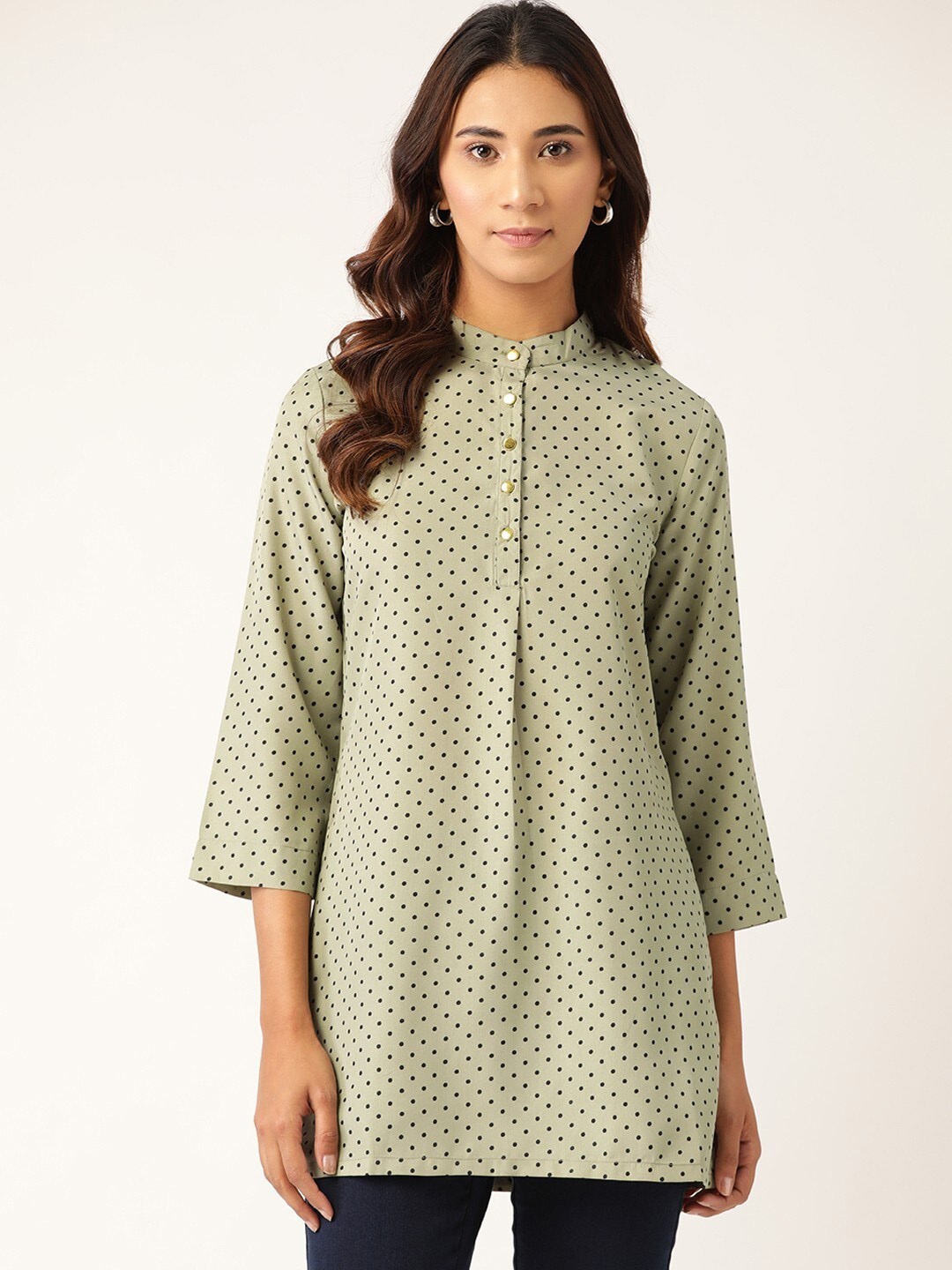 

RIVI Polka Dots Printed Mandarin Collar Tunic, Green