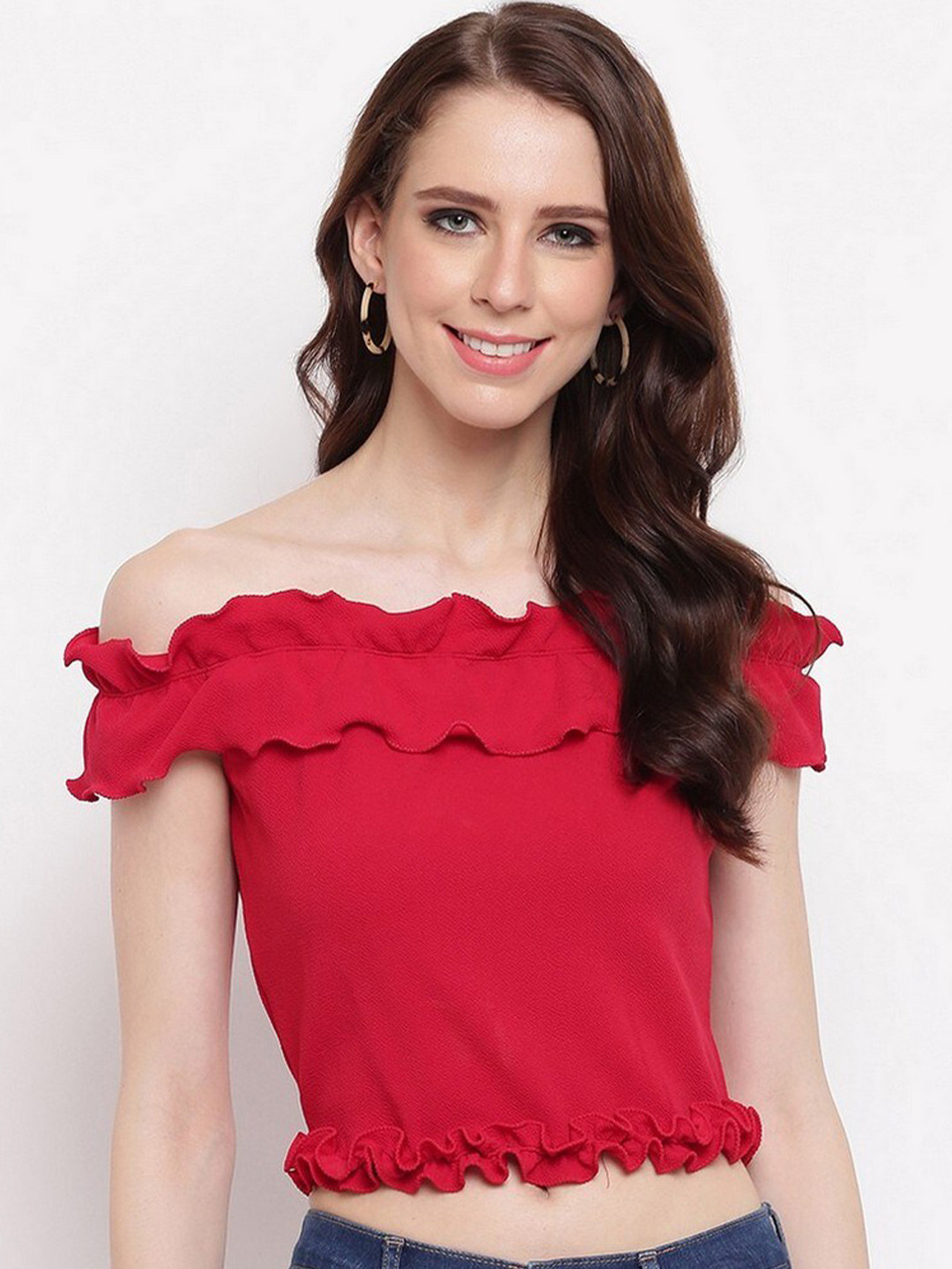

RIVI Off-Shoulder Bardot Crop Top, Red