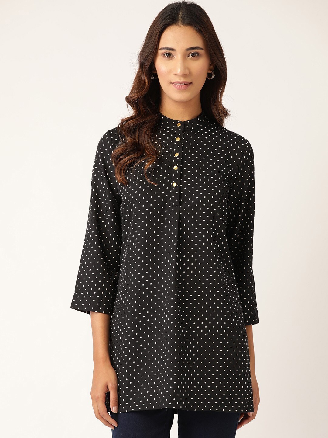 

RIVI Polka Dots Printed Mandarin Collar Tunic, Black