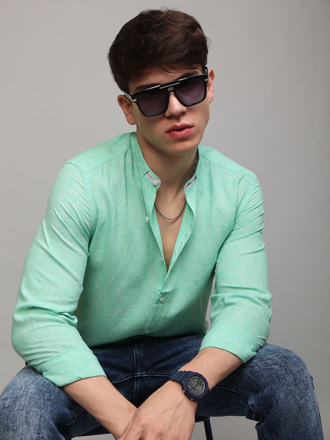 

Snitch Men Slim Fit Linen Casual Shirt, Sea green