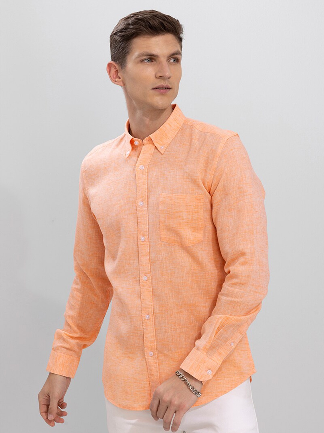 

Snitch Men Slim Fit Linen Casual Shirt, Orange