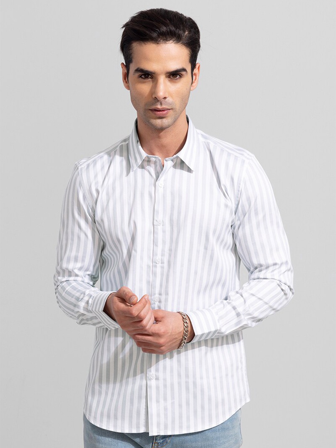 

Snitch Men Slim Fit Striped Cotton Casual Shirt, Grey
