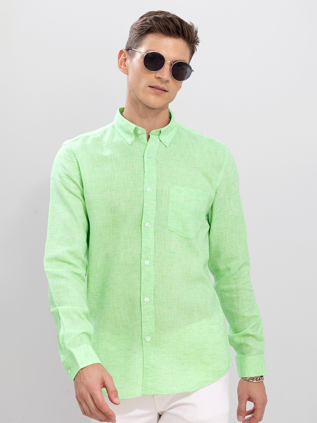 

Snitch Men Slim Fit Linen Casual Shirt, Green