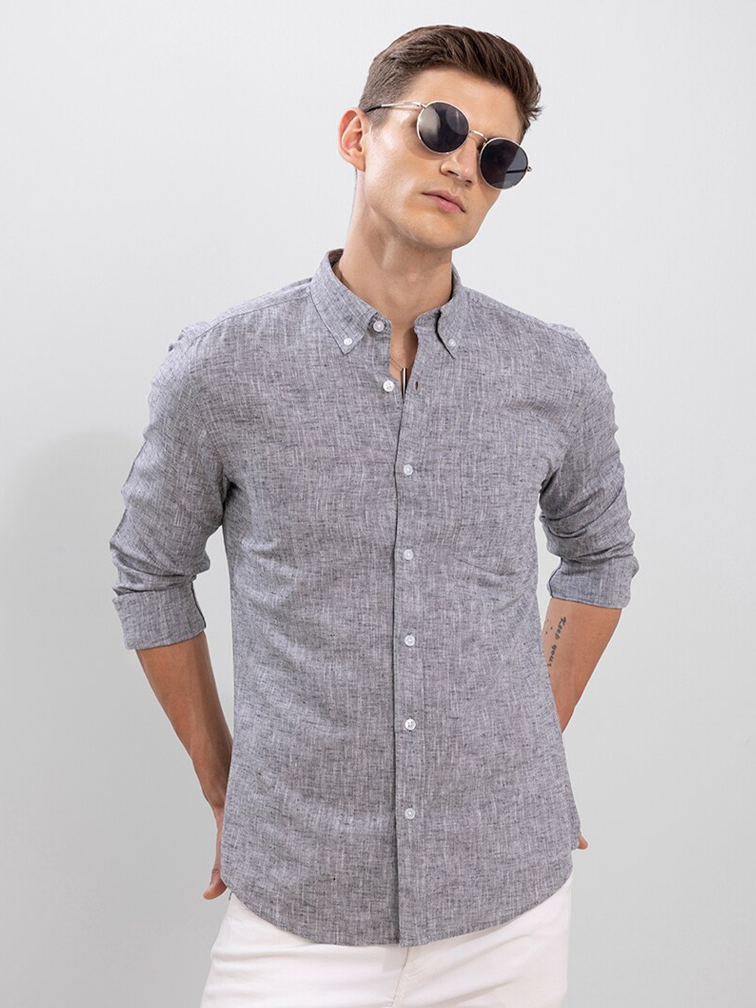 

Snitch Men Slim Fit Linen Casual Shirt, Grey