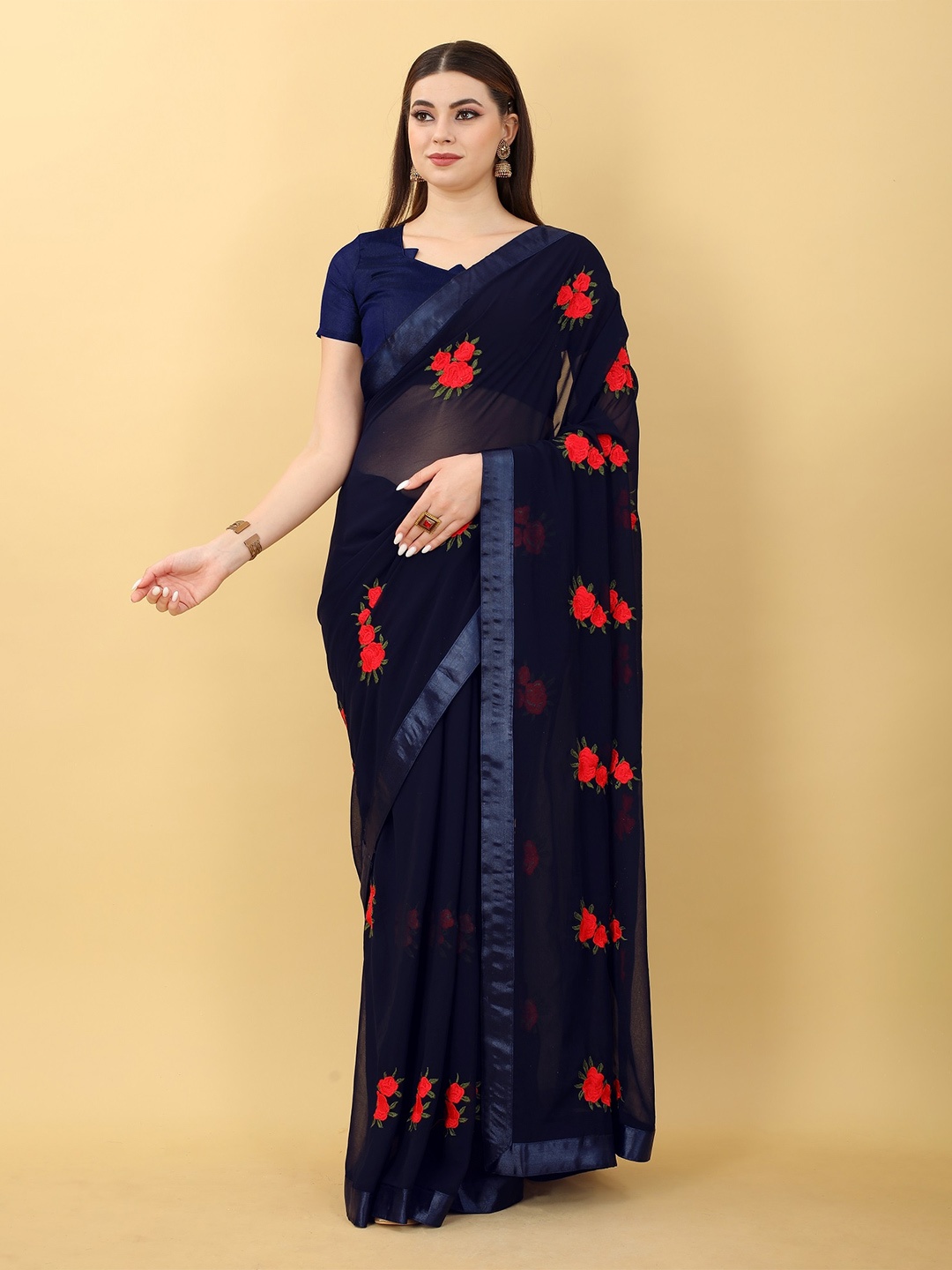

JSItaliya Floral Pure Georgette Saree, Navy blue