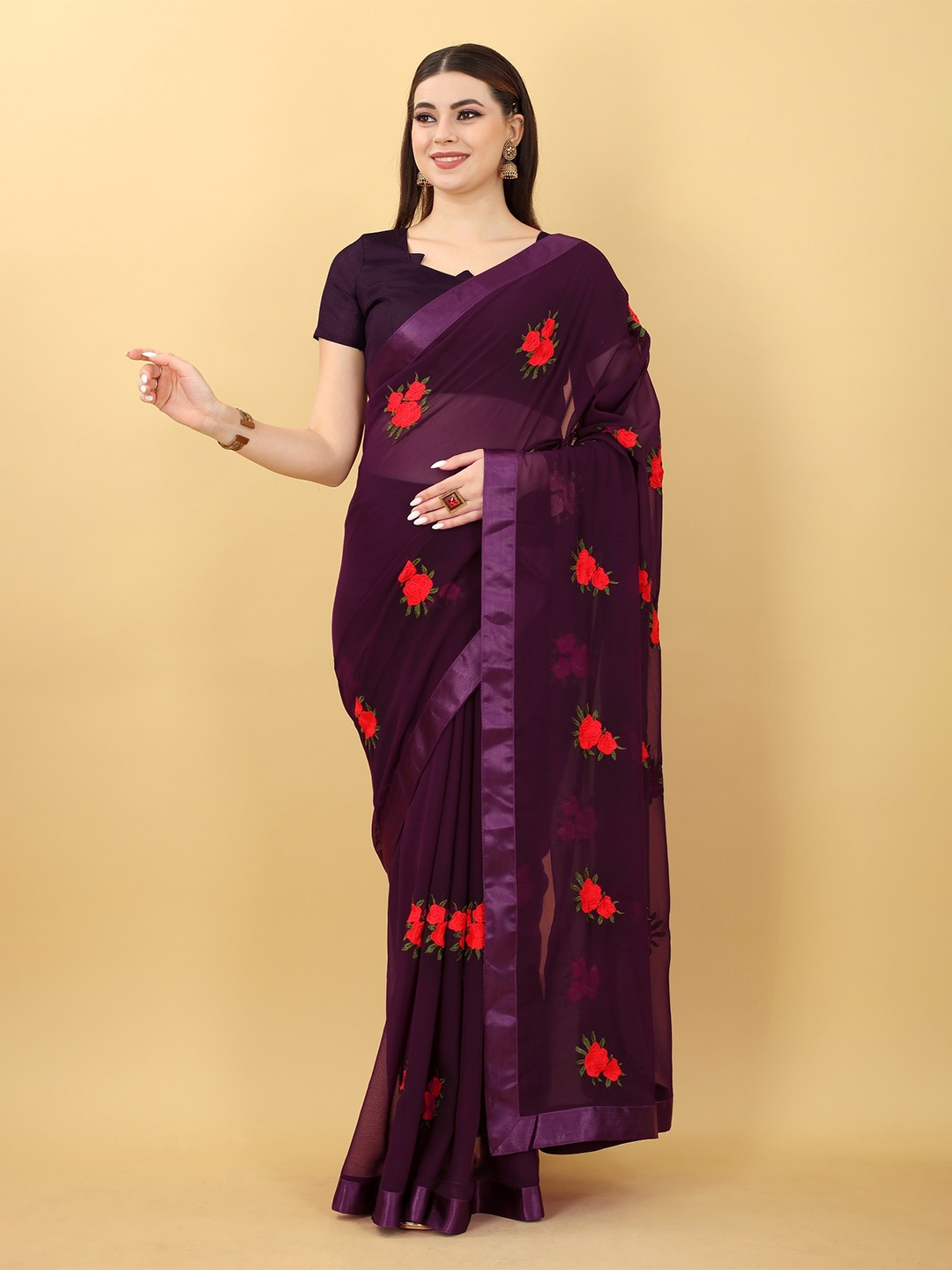 

JSItaliya Floral Patchwork Pure Georgette Saree, Purple