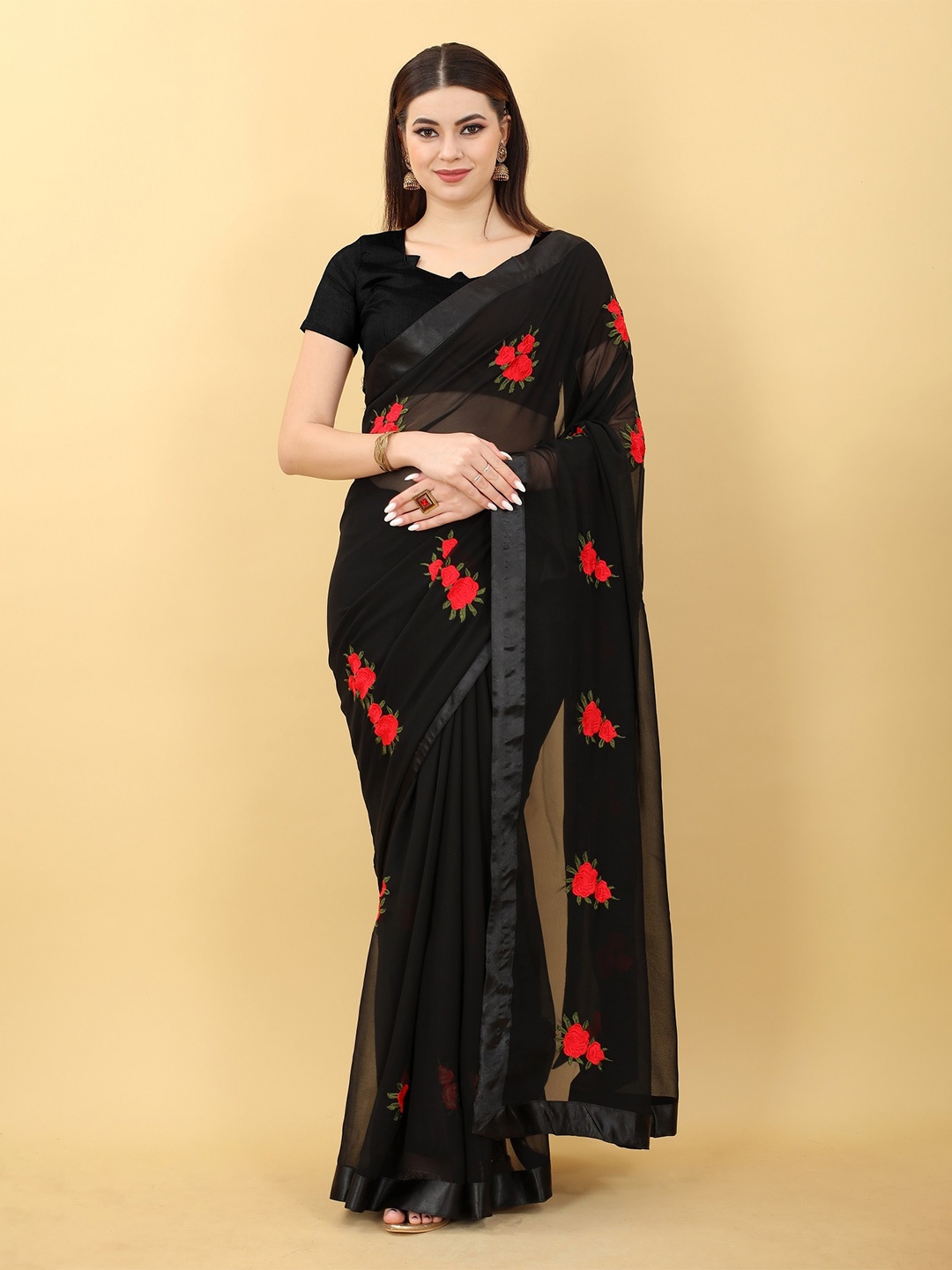 

JSItaliya Floral Patchwork Pure Georgette Saree, Black