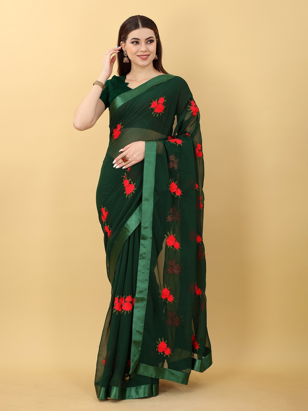 

JSItaliya Floral Patchwork Pure Georgette Saree, Green