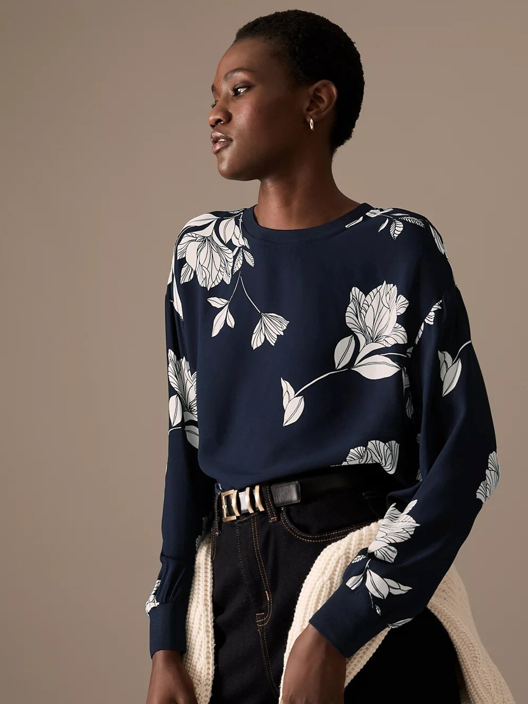 

Marks & Spencer Floral Print Extended Sleeves Top, Navy blue