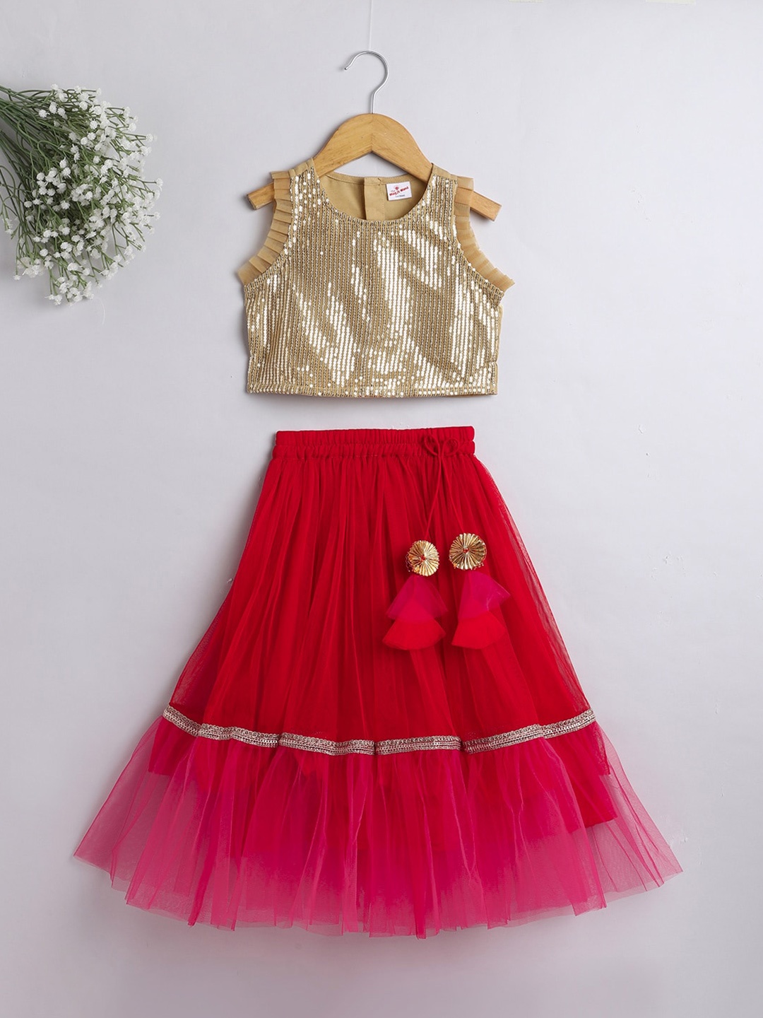 

The Magic Wand Girls Embellished Sequinned Ready to Wear Lehenga Choli, Red