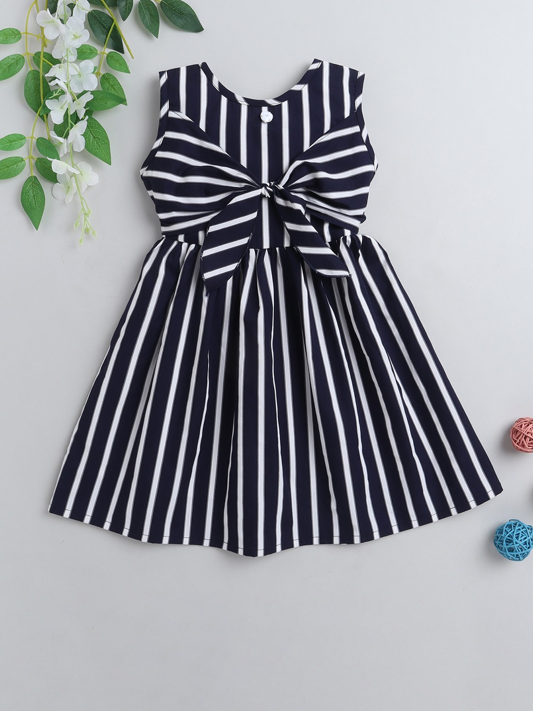 

The Magic Wand Girls Striped Flared Dress with Bow Detail, Navy blue