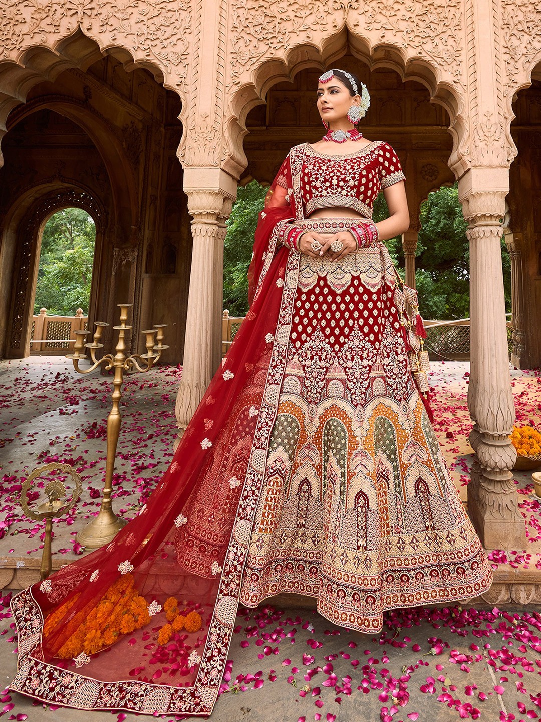 

ODETTE Embroidered Beads and Stones Semi Stitched Lehenga & Unstitched Blouse With Dupatta, Red