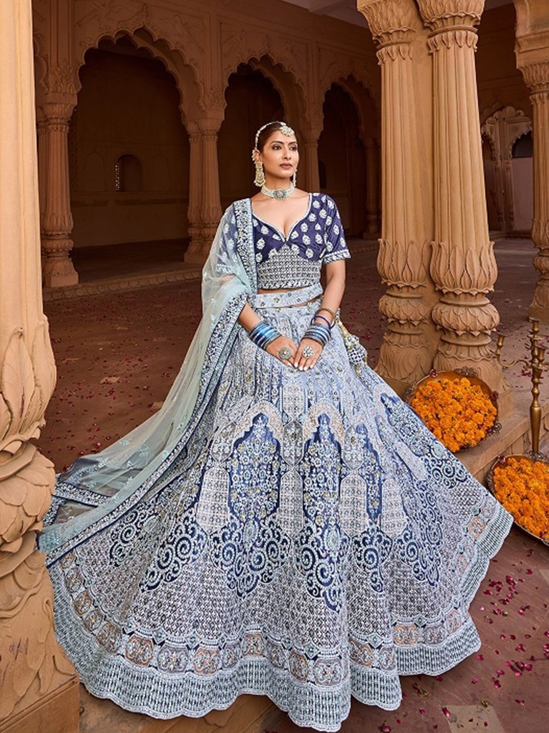 

ODETTE Embroidered Beads and Stones Semi Stitched Lehenga & Unstitched Blouse With Dupatta, Blue