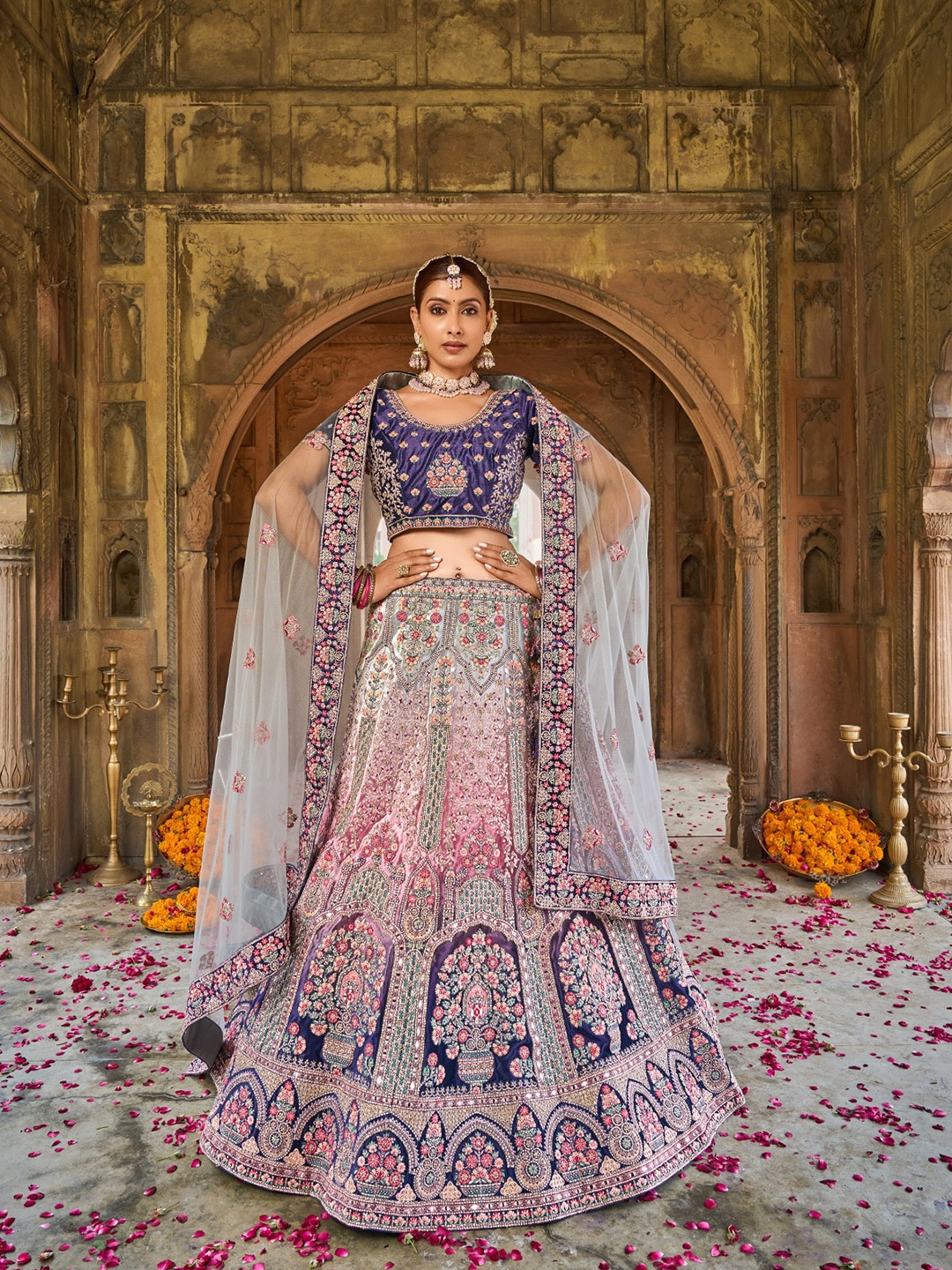 

ODETTE Embroidered Semi-Stitched Lehenga & Unstitched Blouse With Dupatta, Purple